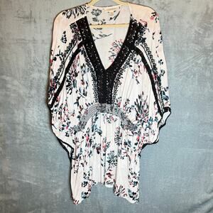 Motherhood Maternity 2X Floral Boho Tunic Top Crochet Trim Empire Waist
